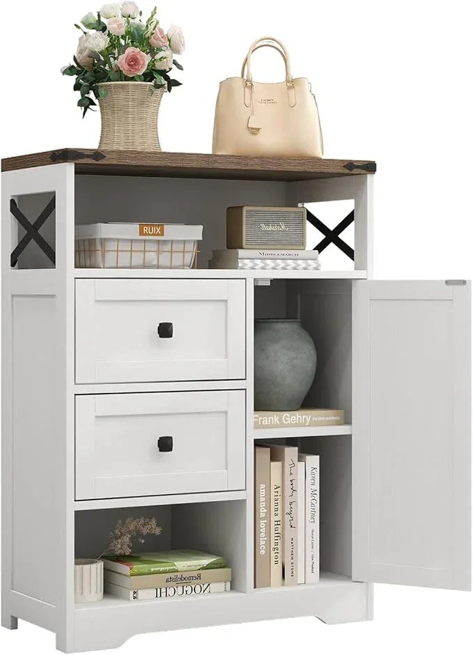 Fameill White Farmhouse Storage Cabinet with 2 Drawers & Shelves,Freestanding Kitchen Cabinet with Doors,Floor Storage Organization for Living Room,Bathroom,Laundry - NeatNest