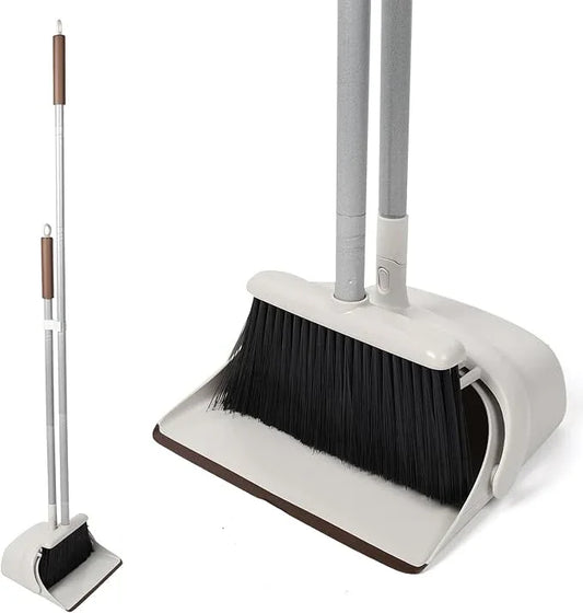 54" Long Handled Broom and Dustpan Set - Perfect Dust Pan and Brush Combo for Efficient Cleaning, Brown and White - NeatNest