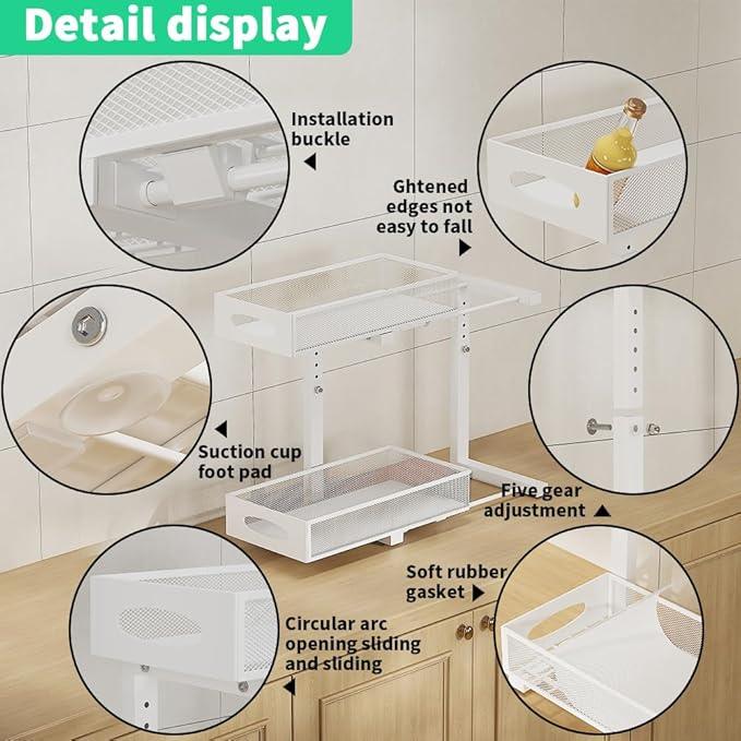 Under Sink Organizer, 2-Tier Pull Out Cabinet Organizer with Adjustable Height, Use in Kitchen Bathroom Cabinet and Countertop Storage, White - NeatNest