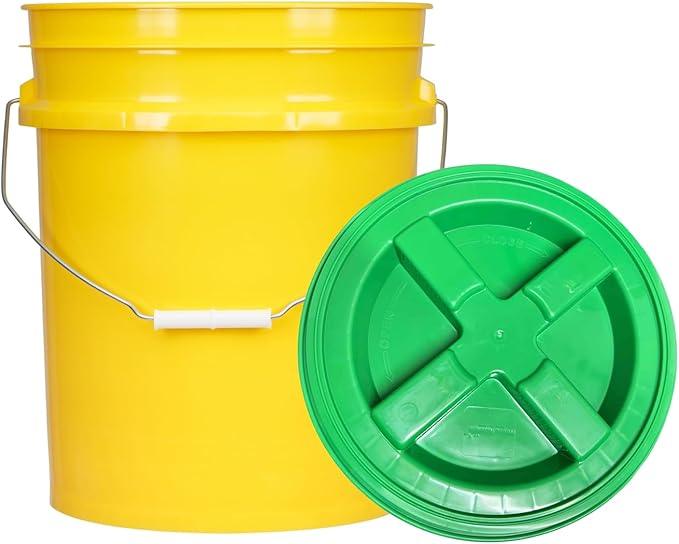 House Naturals 5 Gal Food Grade BPA Free Made in USA Yellow Plastic Buckets Premium 90 mil pails with Gasket Screw On Lids - Pack of 2 (Green lids) - NeatNest