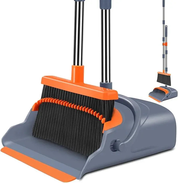kelamayi Upgrade Broom and Dustpan Set, Self-Cleaning with Dustpan Teeth, Indoor&Outdoor Sweeping, Ideal for Dog Cat Pets Home Use, Stand Up Broom and Dustpan (Gray&Orange) - NeatNest
