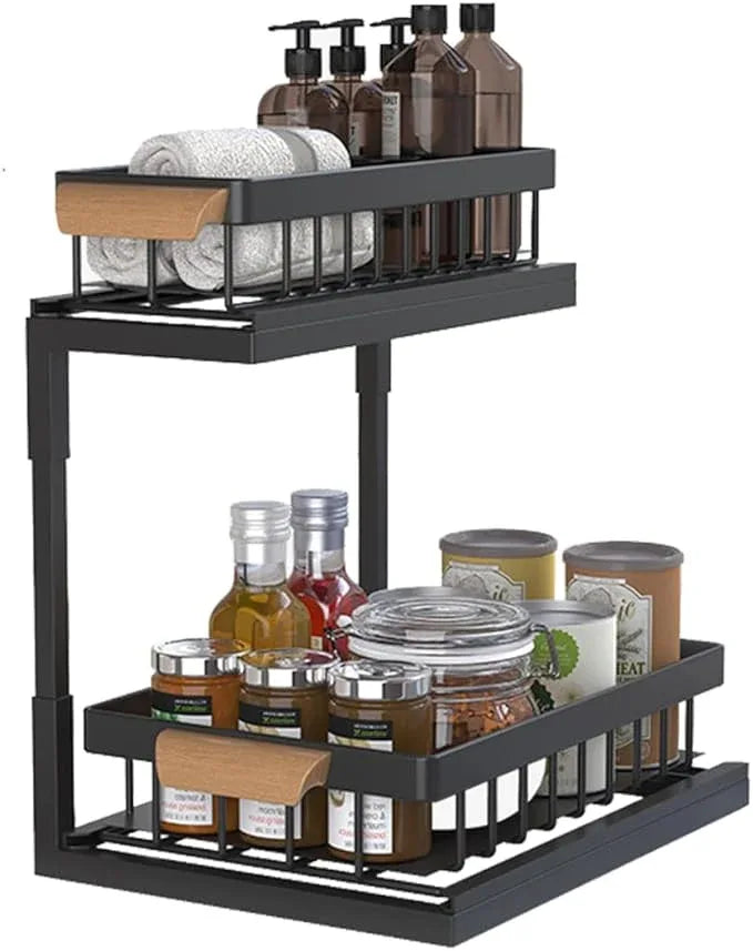 2-Tier Sliding Under Sink Organizer, L-shape Pull Out Cabinet Organizers, Multi-purpose Sink Storage Shelves, Metal Mesh Drawer Organizer for Bathroom Kitchen (Black, Pull-Up & Down Style) - NeatNest
