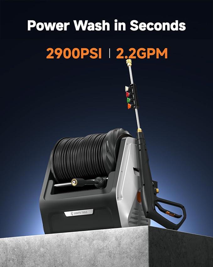 Giraffe Tools Wall Mounted Pressure Washer G30 with Upgraded 1800W Motor, Max 2900 PSI, 2.2 GPM Electric Power Washer with 100ft Retractable Black Pressure Hose, Automatic Rewind, Light Silver - NeatNest