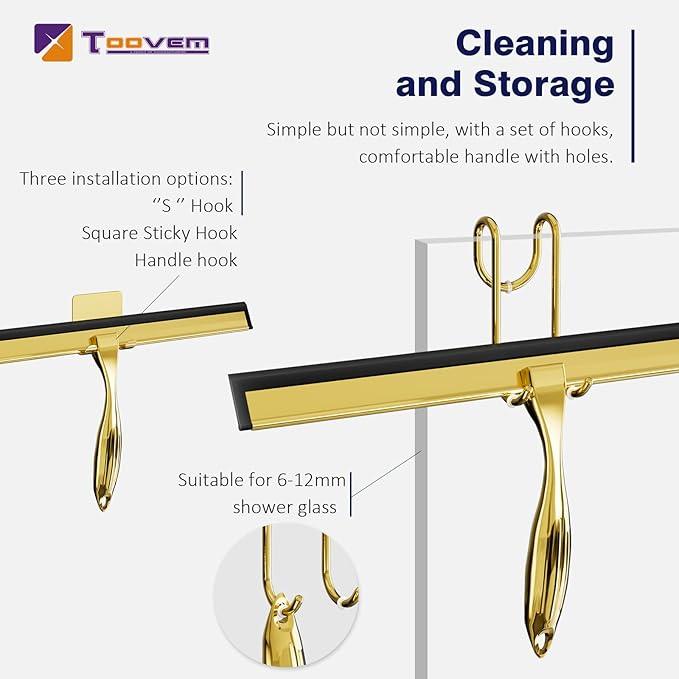 TOOVEM 14 Inch Shower Squeegee for Glass Doors, Window, Bathroom, Car Windshield, Shower Cleaning Tools with S Hook, Square Sticky Hook (Gold) - NeatNest