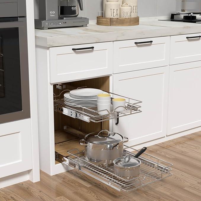 OCG 2 Tier Pull Out Cabinet Organizer (21.5" W x 21" D), Pull Out Drawers for Kitchen Cabinets, Pull Out Shelves for Base Cabinet Organization in Kitchen Bathroom Pantry, Chrome Finish - NeatNest