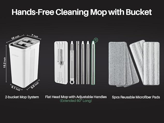 JOYMOOP Mop and Bucket with Wringer Set, White Flat Squeeze Mop Bucket Set for Floor Cleaning, Wet Dry Mops for Walls, Wall Cleaner with Long Handle, Hardwood Floor Mop-5 Microfiber Cloths - NeatNest