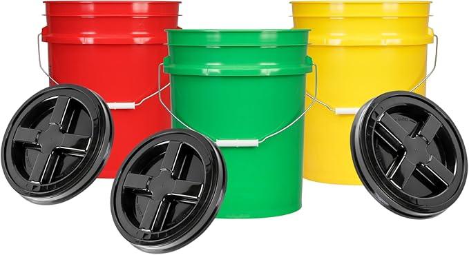 House Naturals 5 Gal Plastic Buckets Food Grade BPA Free Made in USA pails with Screw On Gasket Lids - Pack of 3 - Yellow Green Red - NeatNest