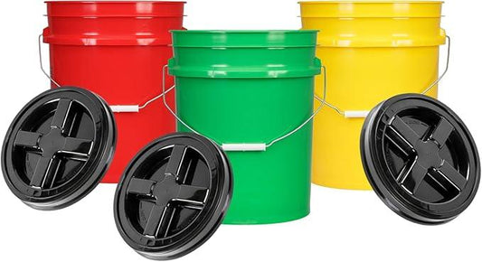 House Naturals 5 Gal Plastic Buckets Food Grade BPA Free Made in USA pails with Screw On Gasket Lids - Pack of 3 - Yellow Green Red - NeatNest