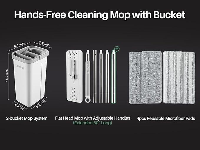 JOYMOOP Mop and Bucket with Wringer Set, Hands Free Flat Floor Mop and Bucket, 60" Mop with 4 Reusable Microfiber Pads, Wet and Dry Use, Floor Cleaning System - NeatNest