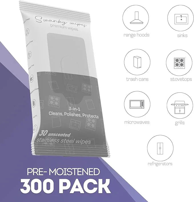 Swanky Stainless Steel Cleaner Wipes - Grime & Grease Remover Kitchen Cleaning Supplies - Clean & Shine, For Stove Top, Refrigerator, Sink, Oven, & Household Appliances - Soft Wipes, 300 Count - NeatNest