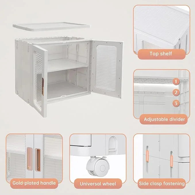 Storage Bins with Lids and Doors Storage Cabinet with Wheels Plastic Stackable Pantry Cabinet Cupboard Closet Foldable Kitchen Collapsible Storage Bins for Book Snack and Bathroom Organizer - NeatNest