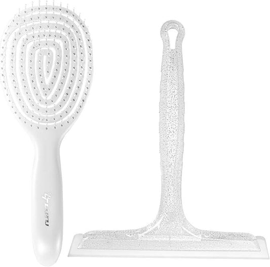 8" Silicone Shower Squeegee for Glass Doors with Silver Hair Comb Set, Bathroom,Kitchen Safe Water Blade, Car Window,Mirror, Tile Scraper — Ideal for Hair Care and Glass Cleaning - NeatNest