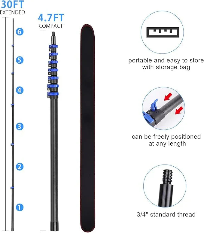 36 Foot High Ceiling Duster Kits with 4.7-30 FT Carbon Fiber Extension Pole, Feather Duster, Cobweb Duster, Ceiling Fan Duster, Window Squeegee & Cleaner with Pole 30 Ft - NeatNest