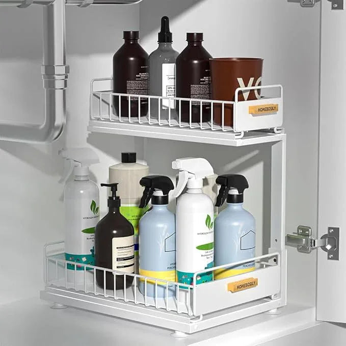 Under Sink Organizer Kitchen, Pull Out Cabinet Organizer 2 Tier Slide Out Sink Shelf Cabinet Storage Shelves, Under Sink Storage for Kitchen Bathroom Cabinet, White, 1 Pack - NeatNest