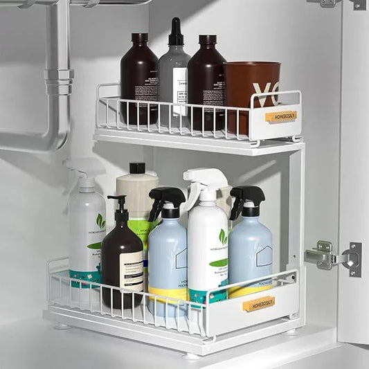 Under Sink Organizer Kitchen, Pull Out Cabinet Organizer 2 Tier Slide Out Sink Shelf Cabinet Storage Shelves, Under Sink Storage for Kitchen Bathroom Cabinet, White, 1 Pack - NeatNest