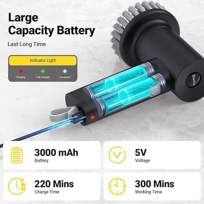 Electric Spin Scrubber, 3000 mAh Cordless Power Scrubber with 8 Replaceable Heads, Dual Speed Lightweight Handheld Scrubber for Cleaning Stove/Bowl/Sink/Corner/Tile/Grout (Black) - NeatNest