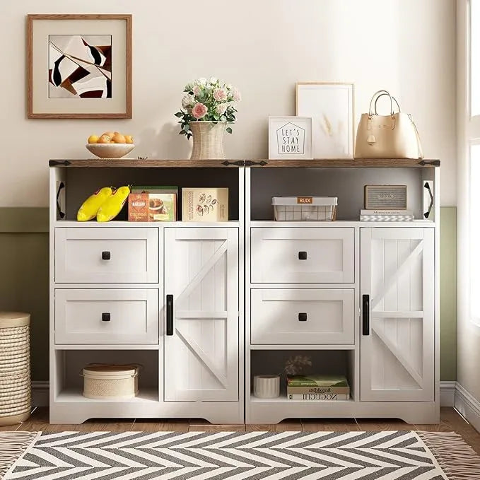 Fameill White Farmhouse Storage Cabinet with 2 Drawers & Shelves,Freestanding Kitchen Cabinet with Doors,Floor Storage Organization for Living Room,Bathroom,Laundry - NeatNest