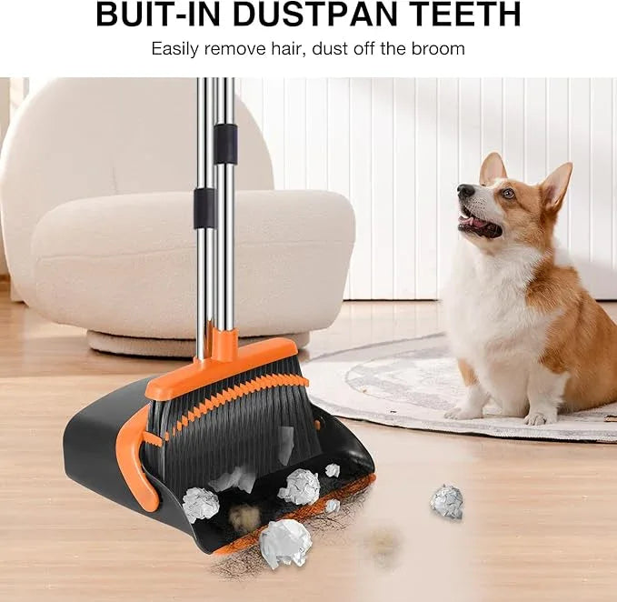 NACENA Broom and Dustpan Set, 52-in Long Adjustable Handle Broom Dustpan Combo with Dustpan Teeth to Automatically Clean Hair Suitable for Home Kitchen Office Hall Floor (Black&Orange), 4 Pack - NeatNest