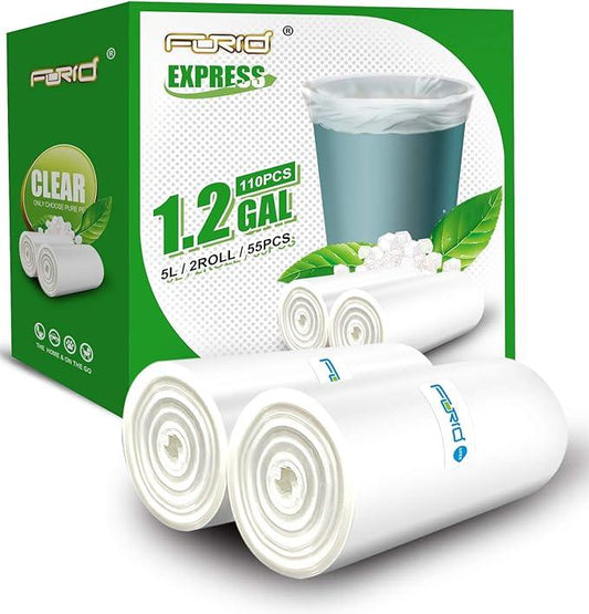 FORID Small Clear Trash Bags, 1.2 Gallon Tiny Garbage Bags, 110 Count Wastebasket Bin Liners for Bathroom Bedroom Office Garbage Can 5 Liters - Thick & Durable Trash Bag - NeatNest