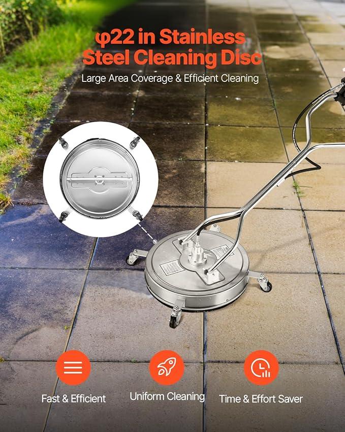 VEVOR 22" Pressure Washer Surface Cleaner, Stainless Steel Pressure Washer Attachments with 4 Wheels, 4500 Max PSI, 3/8 Quick Connector, 2 Spray Nozzles, Dual Handle, for Concrete, Patio, Sidewalk - NeatNest