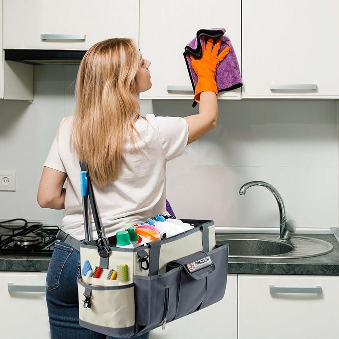 Large Cleaning Caddy for Suppliers Organizer,15'' Professional Organizer with Handle,Wearable Cleaing Bag,Cleaning Storage Caddy,Cleaning Housekeeping,Ivory-Grey - NeatNest
