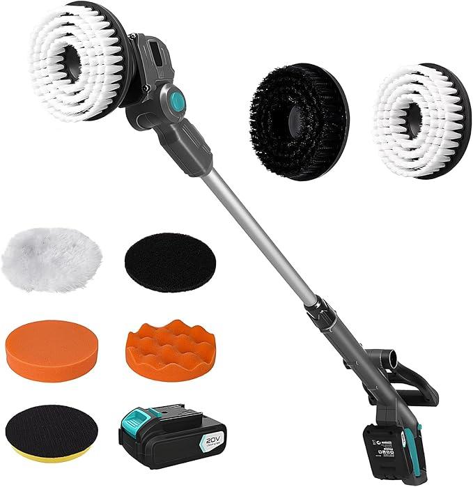 20V Cordless Spin Scrubber with Replaceable Battery, Electric Cleaning Brush with Long Handle & 8 Brush Heads for Outdoor, Bathroom, Tile, Grout, Shower, Bathtub - NeatNest