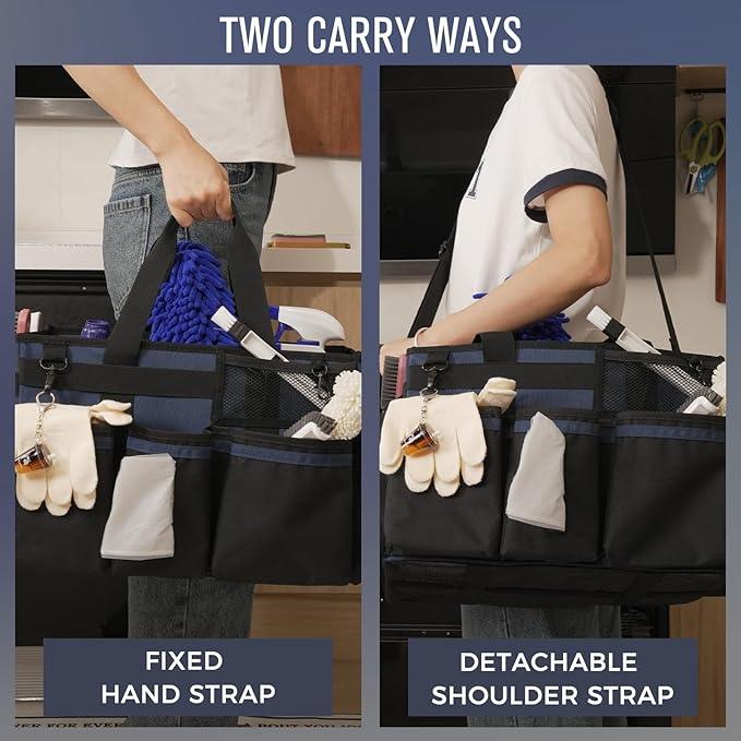 Wearable Cleaning Caddy, Cleaning Caddy Supplies Organizer with Handle & Shoulder Straps for Housekeepers, Under Sink & Car Cleaning Tool Organizers Bag with 4 Foldable Divider (NavyBlue) - NeatNest