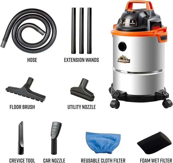 Armor All VO408S 0901 4 Gallon 3 Peak HP Stainless Steel Wet/Dry Vacuum, Orange - NeatNest