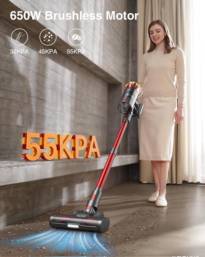 Cordless Vacuum Cleaner, 650W 55KPa 70Mins Vacuum Cleaners for Home, Self-Standing Stick Vacuum with Anti-Tangle Brush & OLED Touch Screen, Vacuum Cleaner for Hardwood Floors,Carpet,Pet Hair,Car (Red) - NeatNest