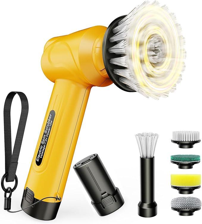 qimedo Battery Electric Spin Scrubber Q4, 800RPM Handheld Scrubber for Cleaning with Display, Power Dish Scrubber with 5 Heads, Shower Cordless Cleaning Brush for Bathroom/Sink/Window - NeatNest