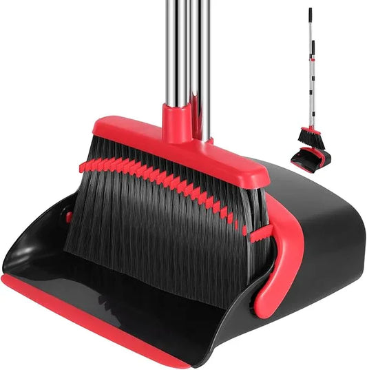 NACENA Broom and Dustpan Set, 52-in Long Adjustable Handle Broom Dustpan Combo with Dustpan Teeth to Automatically Clean Hair Suitable for Home Kitchen Office Hall Floor（Black&Red） - NeatNest