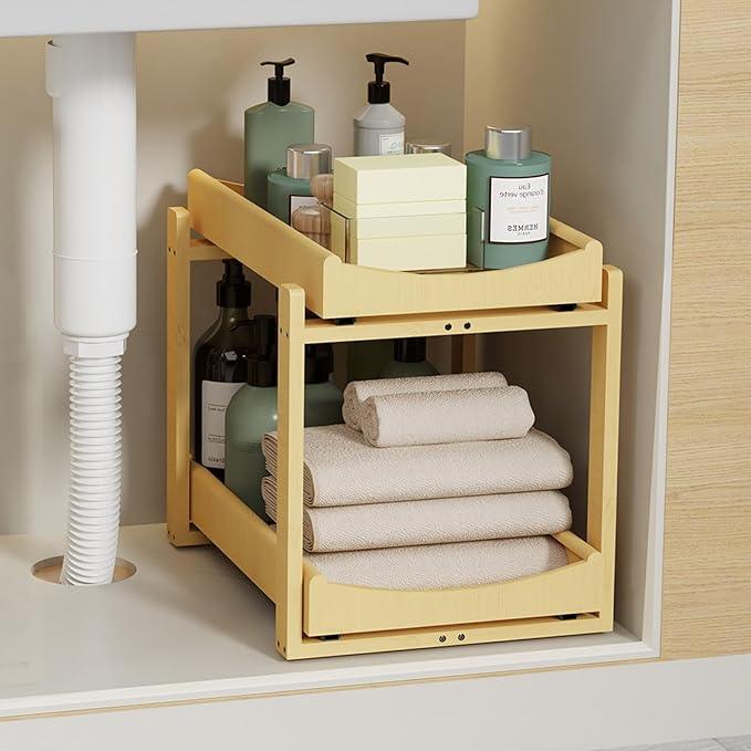Bamboo Under Sink Organizer Adjustable Height 2 Tier Bathroom Organizer Pull Out Cabinet Storage Kitchen Heave Duty Wood Slide Ou Shelf for Kitchen Bathroom (Nature, 1 Pack) - NeatNest