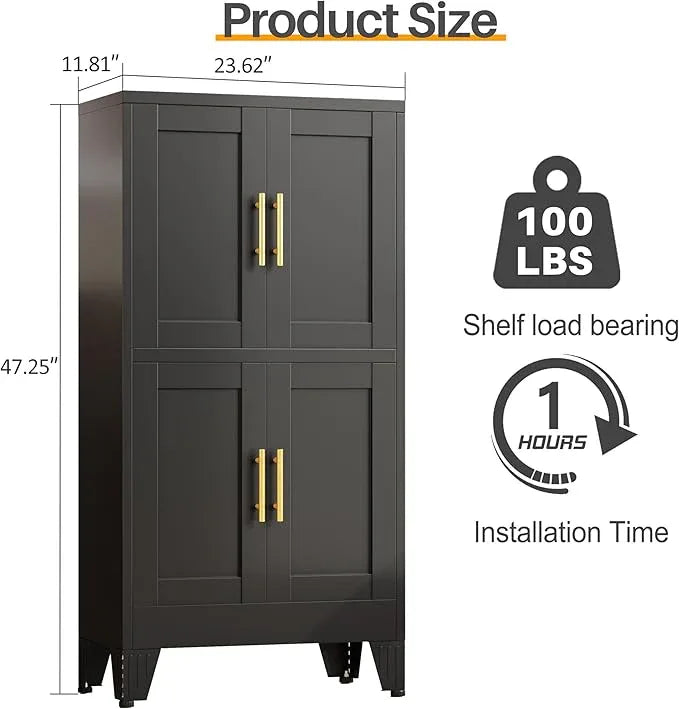 47“H Black Metal Bathroom Storage Cabinet, Kitchen Pantry Cabinet with Doors and 3 Adjustable Shelves, Bathroom cabinets Organizer, for Home Office, Bedroom - NeatNest