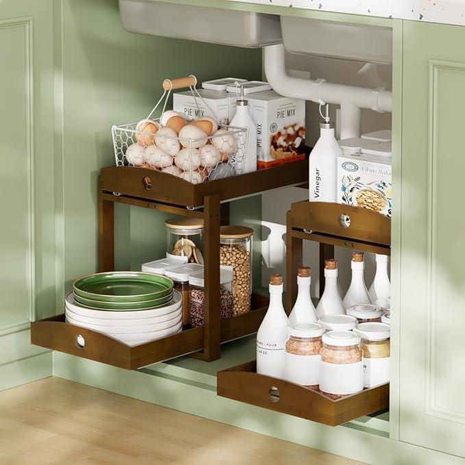 Bamboo Wood Under Sink Organizer 1 Pack, Pull Out Cabinet Organizer 2 Tier Under Sink Organizers and Storage w/Sliding Drawer Sturdy Easy Assembly for Kitchen Bathroom Undersink (Walnut, 2 Packs) - NeatNest