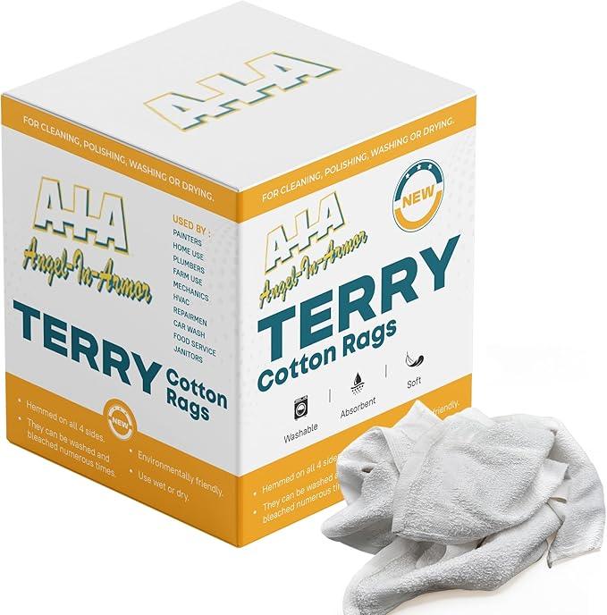 Angel-in-Armor White Terry Cloth Rags (12” x 12”) – 25Ib Bulk Box of 100% Cotton Cleaning Rags (300 Units) – Reclaimed Towels for Plumbers, Shop Use, Janitorial, and Commercial Cleaning - NeatNest
