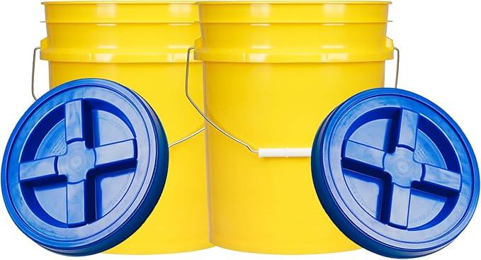 House Naturals 5 Gal Food Grade BPA Free Made in USA Yellow Plastic Buckets Premium 90 mil pails with Gasket Screw On Lids - Pack of 2 (Blue Lids) - NeatNest