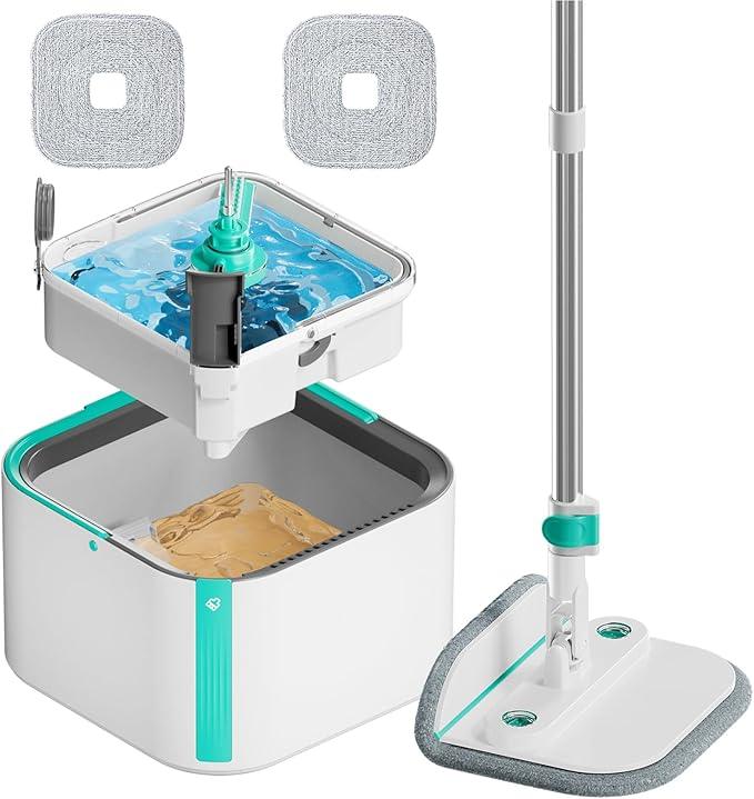 Upgraded Spin Mop and Bucket System Set, Self Separate Clean and Dirty Water, Foldable Square Standing Mop Head with Microfiber Mop Pads, Detachable Bucket (White+Blue, Mop Set with 2PC Pads) - NeatNest