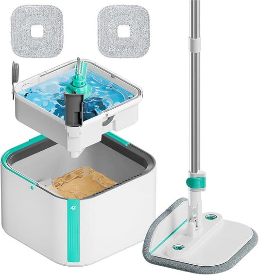 Upgraded Spin Mop and Bucket System Set, Self Separate Clean and Dirty Water, Foldable Square Standing Mop Head with Microfiber Mop Pads, Detachable Bucket (White+Blue, Mop Set with 2PC Pads) - NeatNest