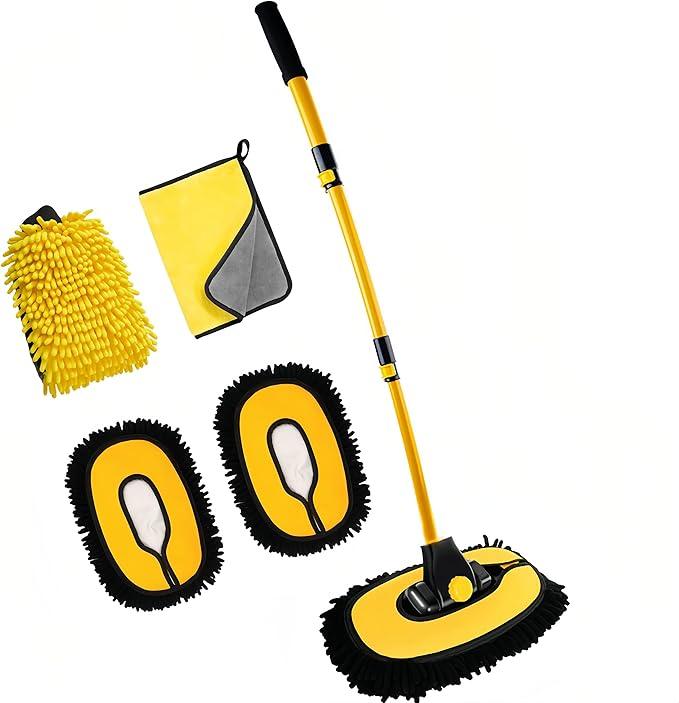 MVEQRRN Upgrade Car Wash Brush Mop with Long Handle,Chenille Microfiber Car Wash Brush Car Cleaning Brush Kit Car Wash Mop Supplies Car Washing Brush with Scratch-Free Replacement Head - NeatNest