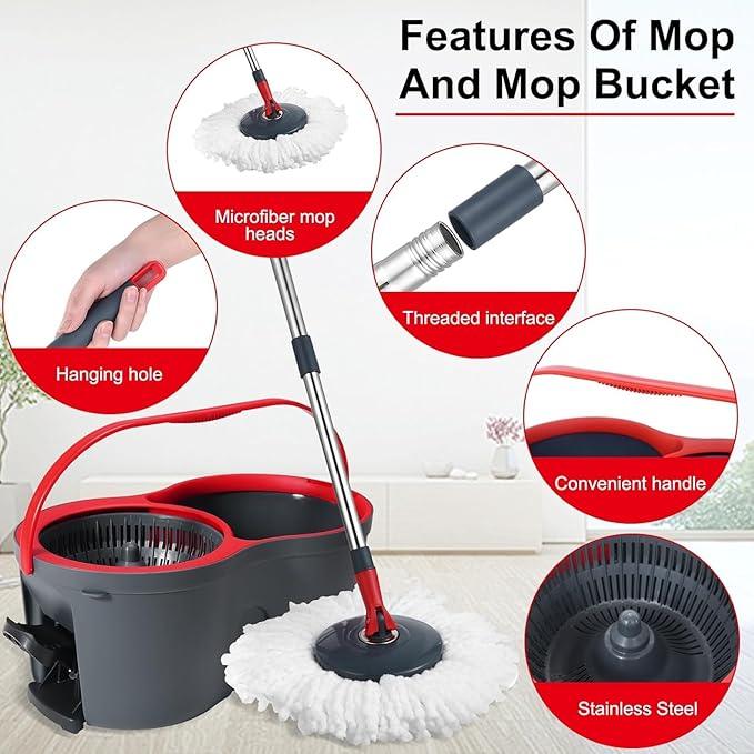 360° Spin Mop and Bucket Set Cleaning System,Mop and Bucket with Wringer Set for Home,Wet Dust Mop for Floor Cleaning with 4 Mop Heads - NeatNest
