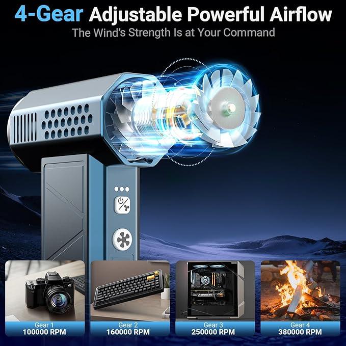 Compressed Air Duster, 380000RPM Powerful Electric Air Duster with LED Light, 4-Gear Rechargeable Mini Blower with Brushless Motor, Jet Dry Blower for Computer, Keyboard, Home, Car, Outdoor - NeatNest