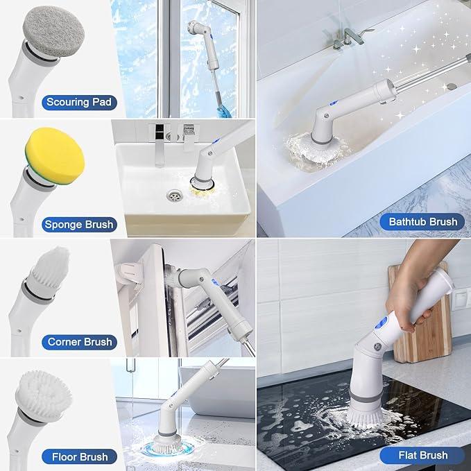 Qimedo Upgrade Rechargeable Electric Scrubber for Cleaning, 45-inch Handheld Spin Scrubber with Extended Long Handle, Cordless Power Dish Scrubber with 6 Brushes for Bathtub Grout Tile Floor - NeatNest