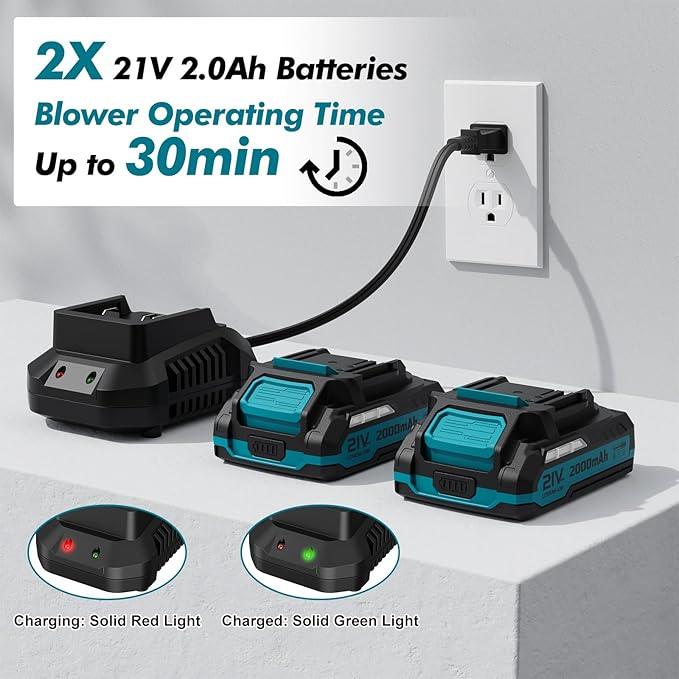Leaf Blower Cordless - 21V Powerful Electric Leaf Blower with 2 Batteries and Charger, 2 Speed Modes, 2.0Ah Lightweight Battery Powered Leaf Blowers for Lawn Care, Patio, Dust, Blowing Leaves - NeatNest