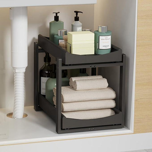 Bamboo Under Sink Organizer Adjustable Height 2 Tier Bathroom Organizer Pull Out Cabinet Storage Kitchen Heave Duty Wood Slide Ou Shelf for Kitchen Bathroom (Black, 1 Pack) - NeatNest
