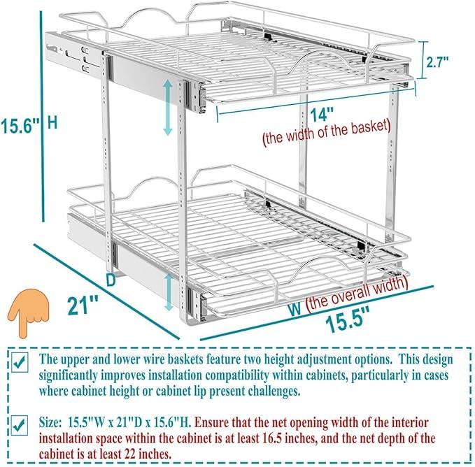 OCG 2 Tier Pull Out Cabinet Organizer (15.5" W x 21" D), Pull Out Drawers for Kitchen Cabinets, Pull Out Shelves for Base Cabinet Organization in Kitchen Bathroom Pantry, Chrome Finish - NeatNest