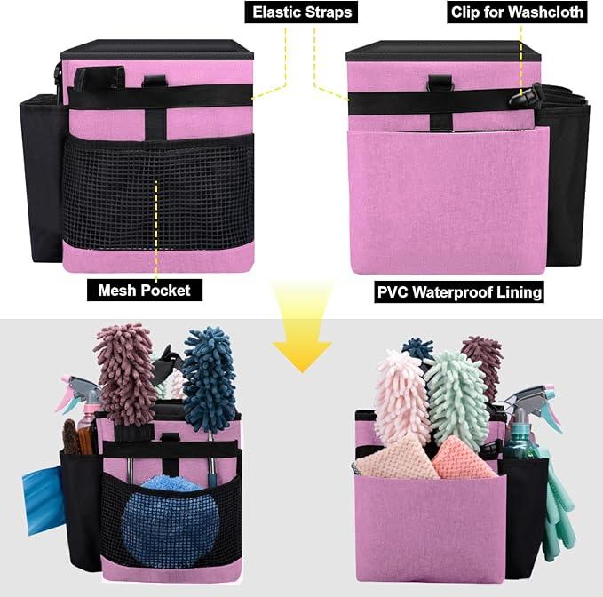 Wearable Large Cleaning Caddy Bag for Housekeeper, Clean Supply Organizer with Adjustable Shoulder, Waist & Handle Straps, Detailing Bag for Kitchen Supplies (Pink) - NeatNest