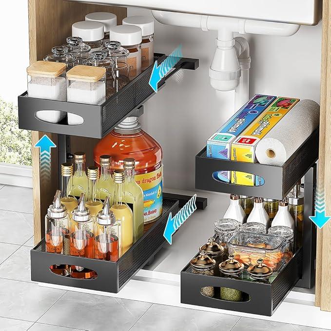 Under Sink Organizer, 2-Tier Pull Out Cabinet Organizer with Adjustable Height, Use in Kitchen Bathroom Cabinet and Countertop Storage, Black, 2-Pack - NeatNest