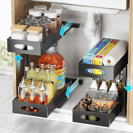Under Sink Organizer, 2-Tier Pull Out Cabinet Organizer with Adjustable Height, Use in Kitchen Bathroom Cabinet and Countertop Storage, Black, 2-Pack - NeatNest