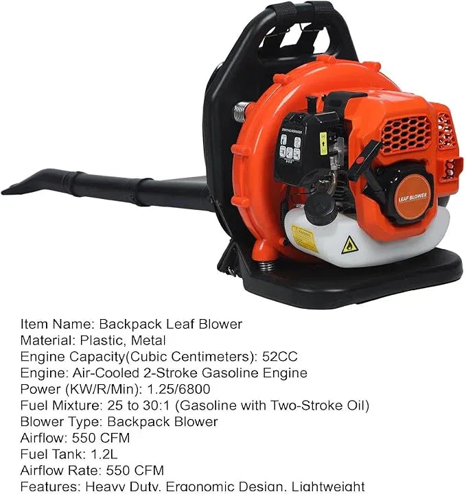52CC Gas Backpack Leaf Blower, 2-Stroke Engine 550CFM Commercial-Grade Dust Blower, Heavy Duty Patio Cleaning Lawn Care Yard Work Landscaping Snow Removal Blower 1.7KW/2.3HP - NeatNest