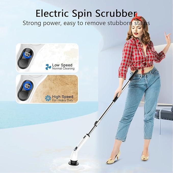 TUYU Electric Spin Scrubber, Full-Body IPX7 Waterproof Bathroom Scrubber with Power LCD Display, Adjustable Extension Handle, Cordless Shower Cleaner Brush for Bathtub Kitchen Wall Cleaning - NeatNest